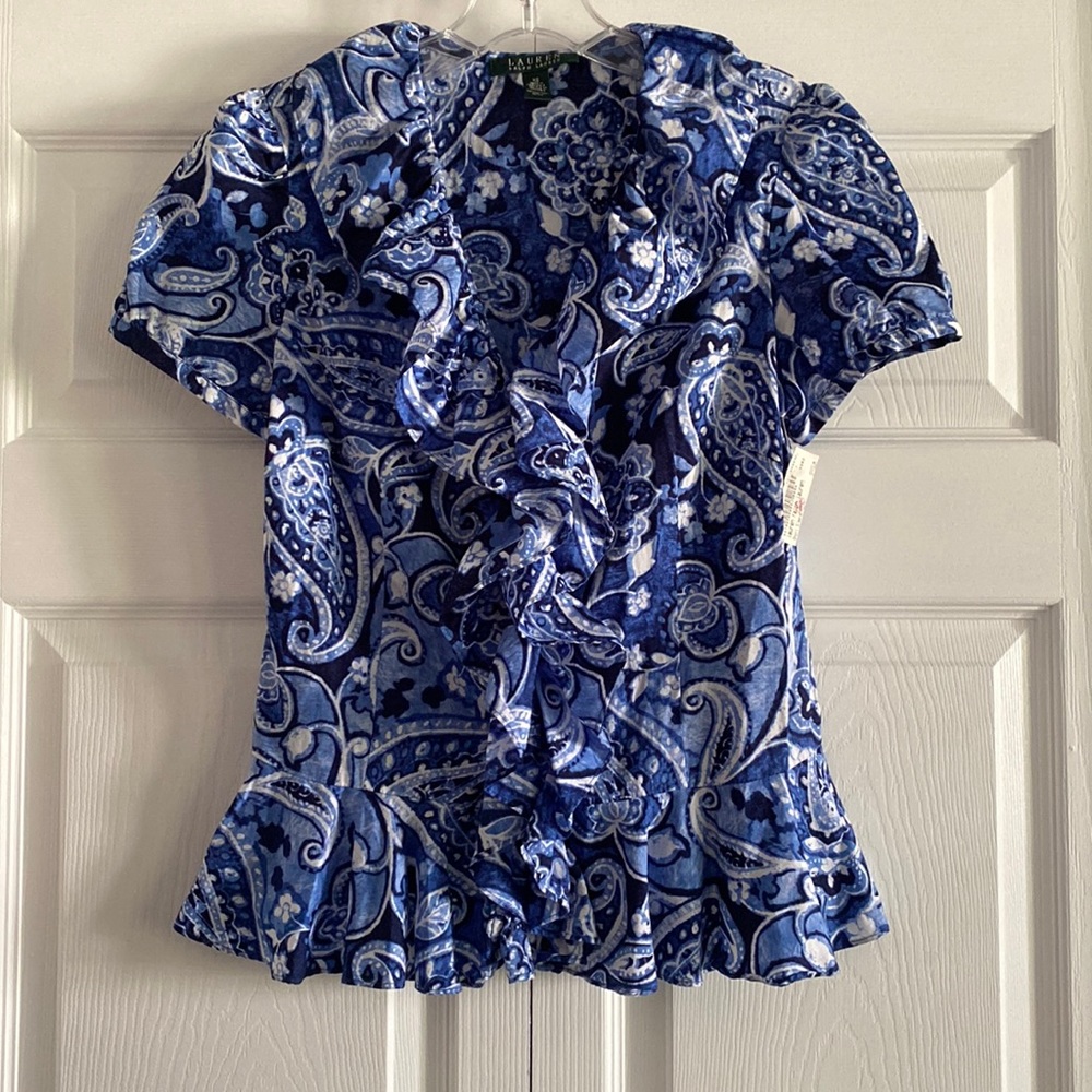 Lauren Ralph Lauren Blue Paisley Print Ruffled Front Blouse - Size XSmall